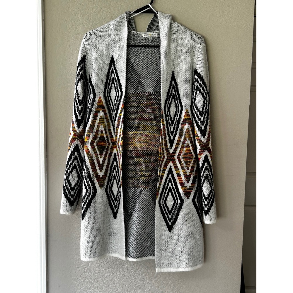 Woven Heart Hooded Geometric Diamond Knit Cardigan J014-006B White Black Medium